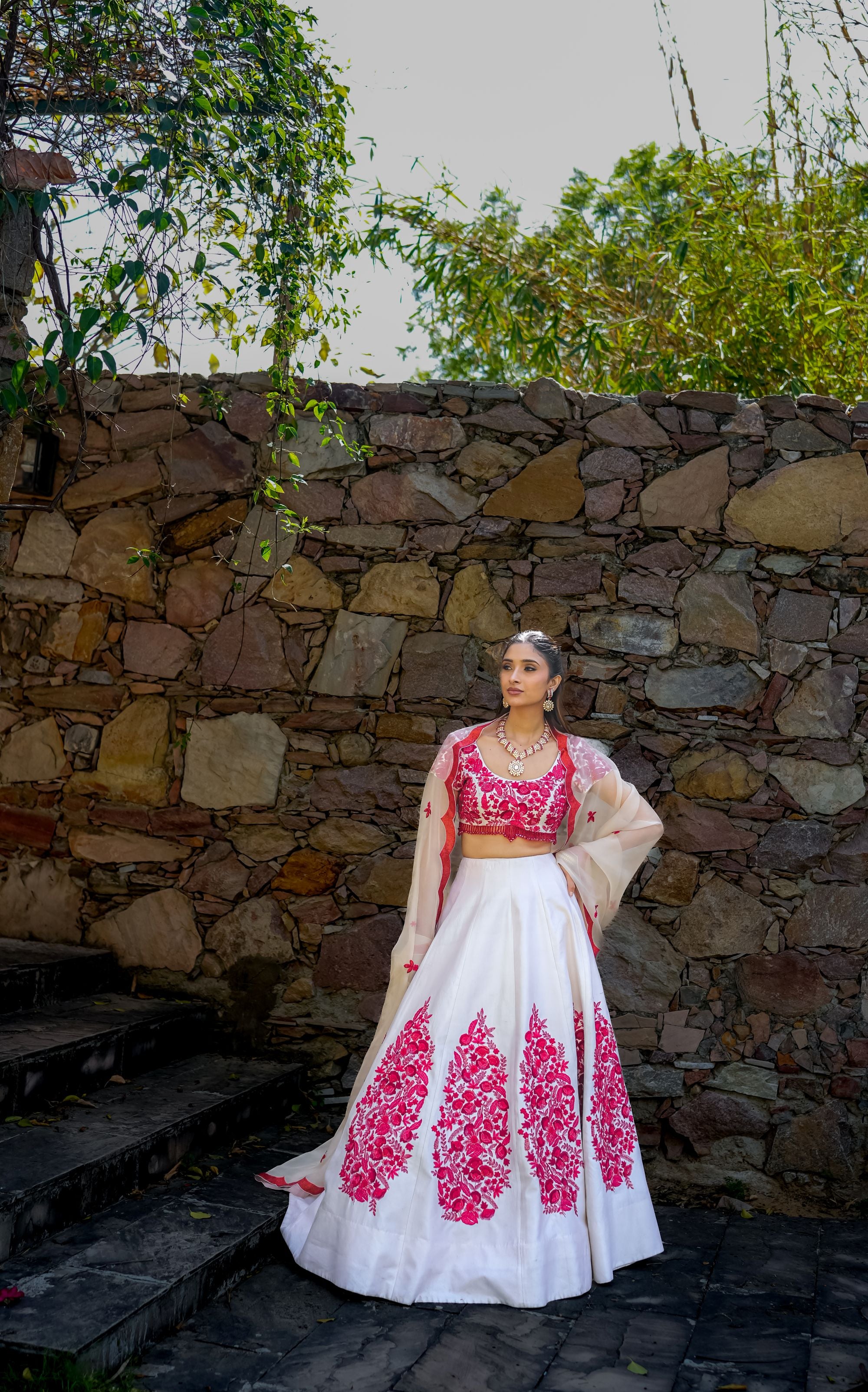 Crimson drape saree set