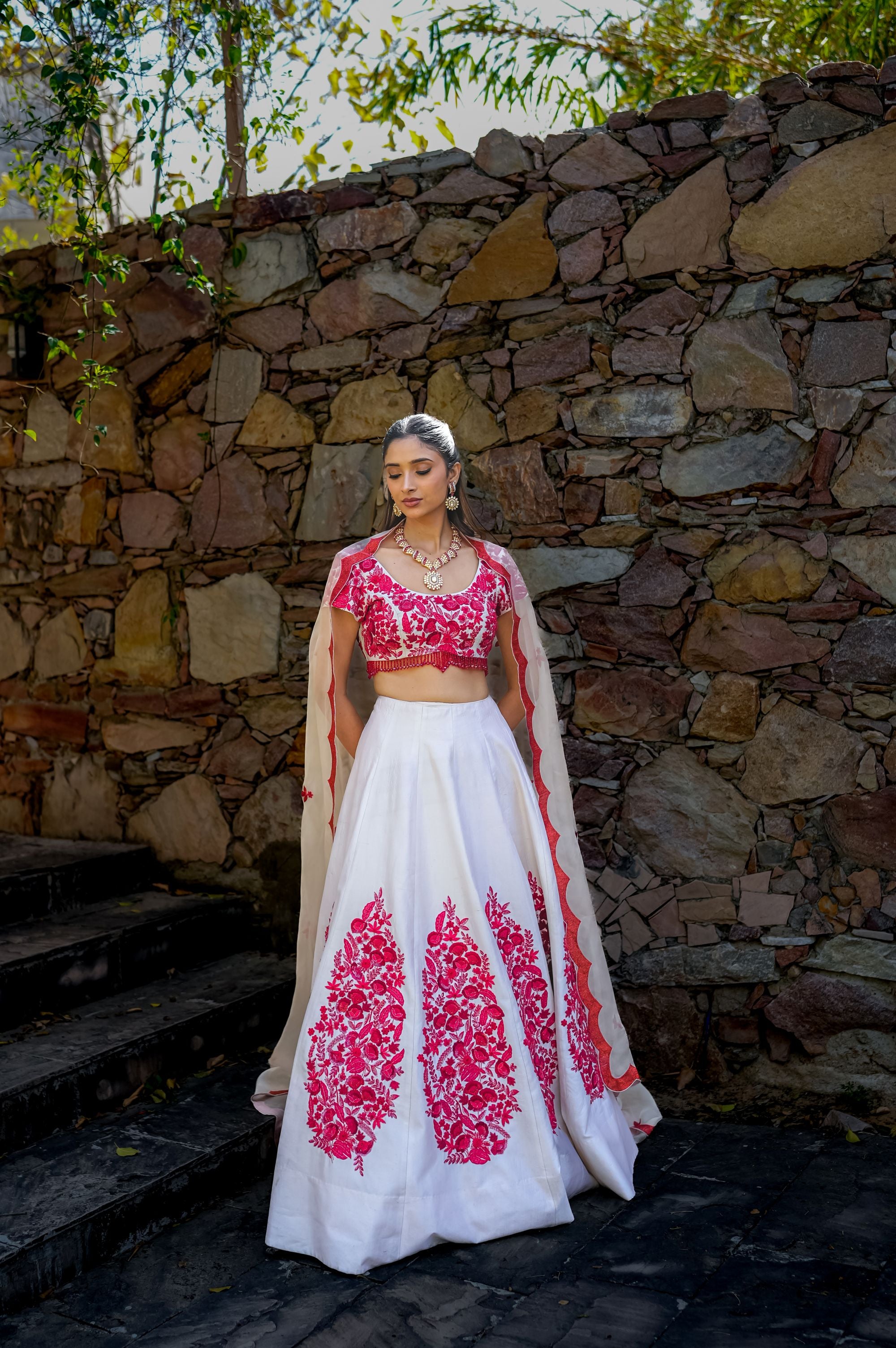 Crimson drape saree set