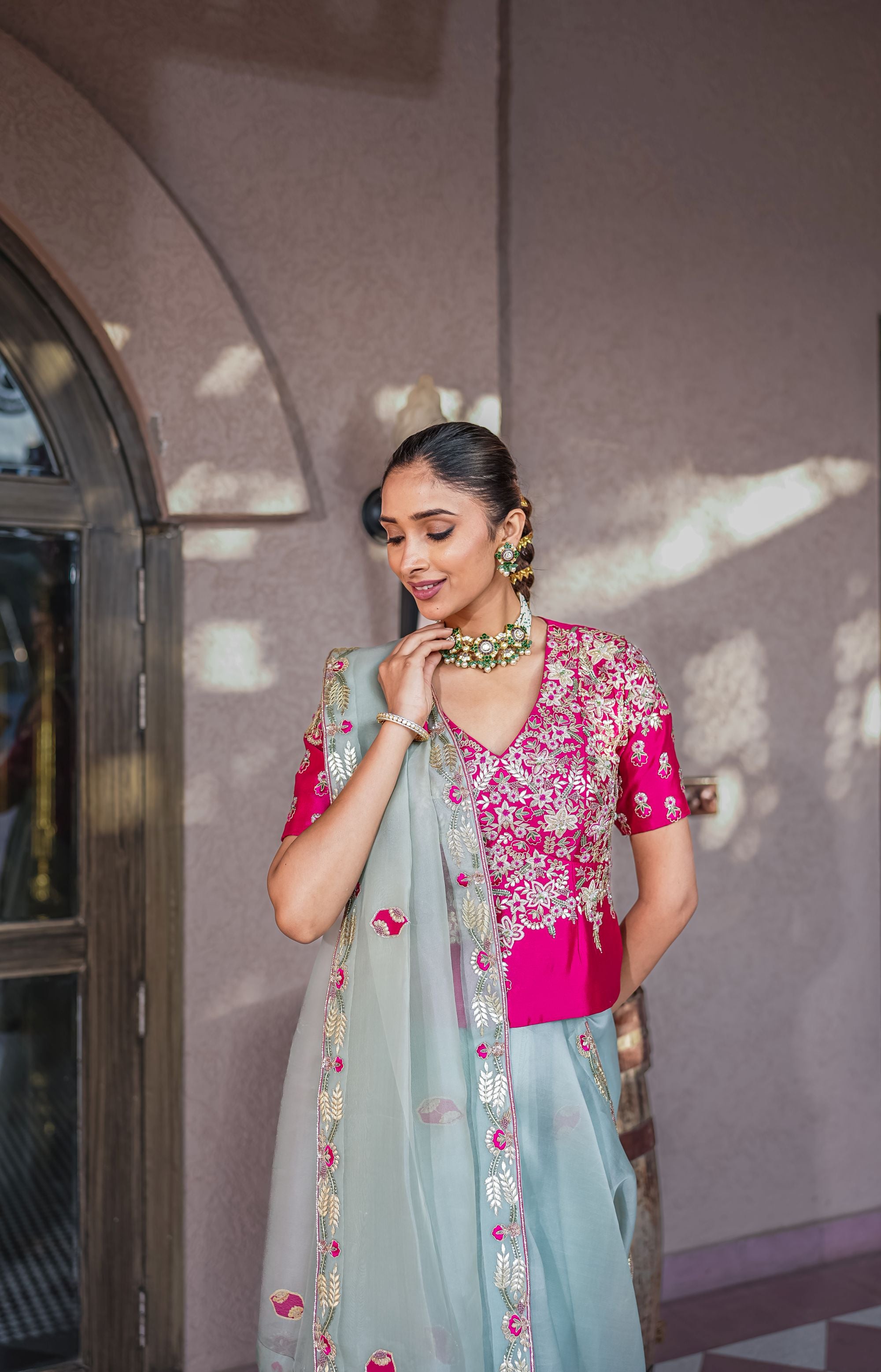 Minted blush saree set