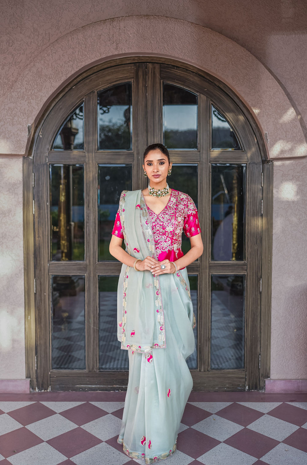 Minted blush saree set